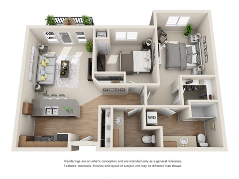 Floor plan for 2 beds, 1.5 baths, 1000 sqft